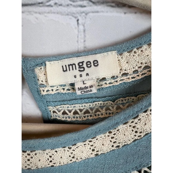 UMGEE light blue boho embroidered lace trim A-line short sleeve dress size L - Picture 2 of 9